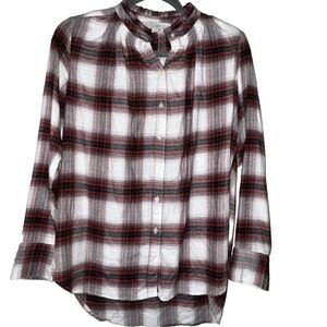 Ann Taylor‎ Loft Blouse Wmns Sz XS Red Plaid Button Down Faux Ruffle Collar
